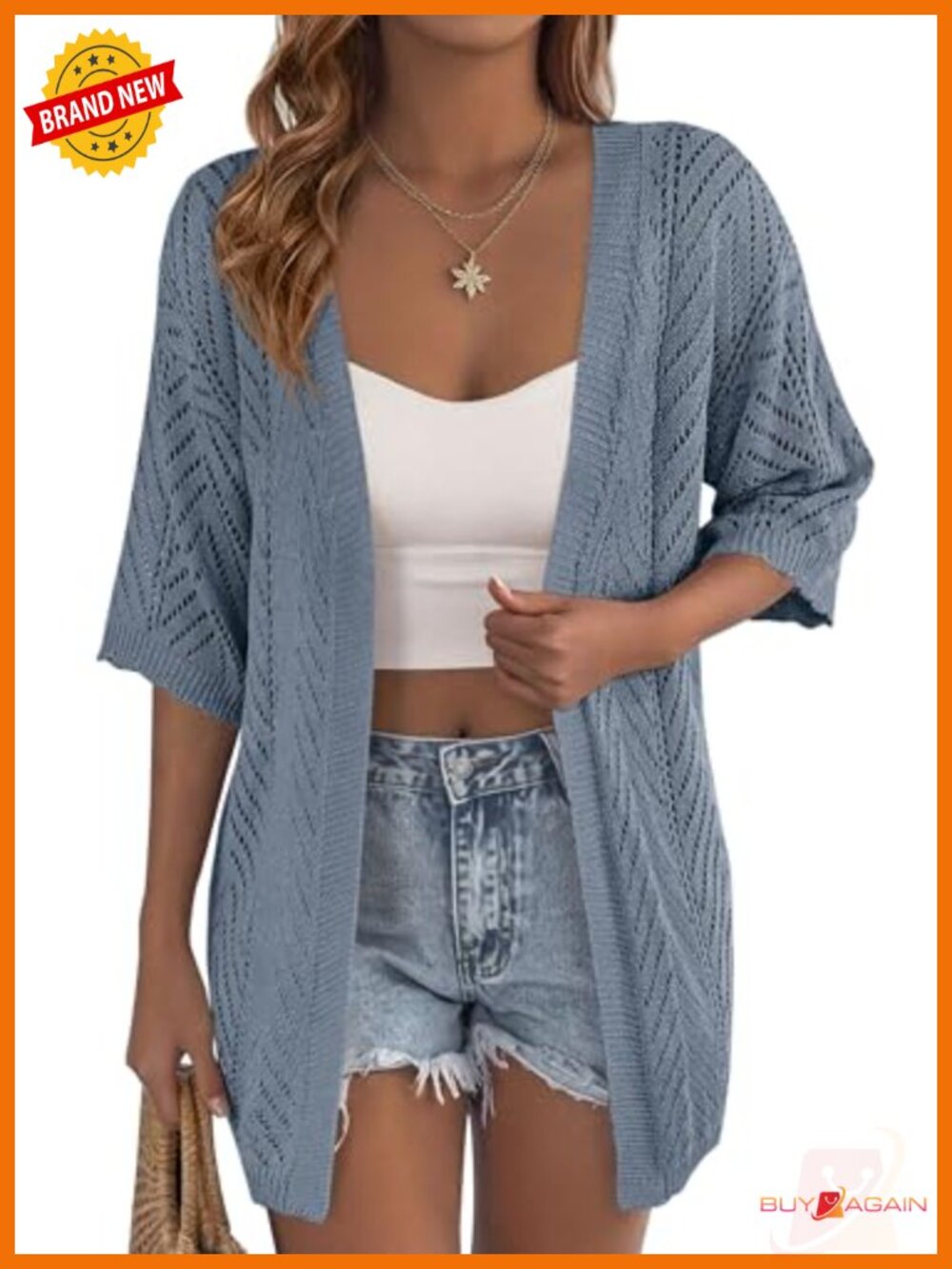 Lightweight Short Sleeve Crochet Knit Cardigan Open Front V-Neck